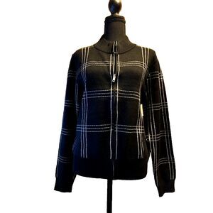 Indigo Rose Black White Checked Zip Up Cardigan NWT Varsity Black Trim Sz XL